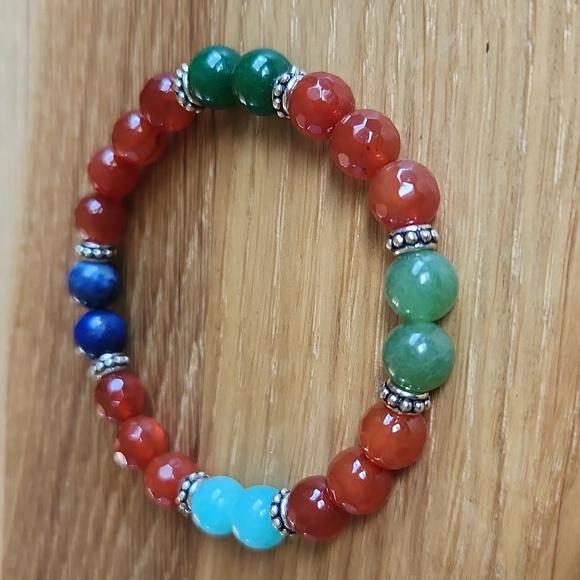 Orange Carnelian, Amazonite & Green Jade Beads Bracelet, Stretch, Handcrafted - Picture 7 of 9